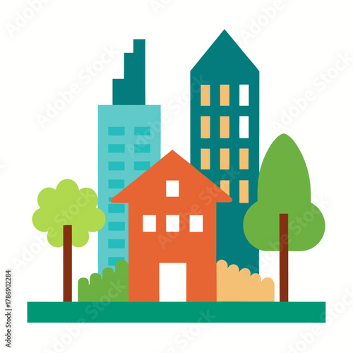 House in front of city buildings and a tree colorful vector on white background.