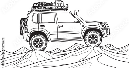 Off-Road SUV on Desert Dunes Outline.  Adventure travel, safari, and extreme expedition vehicle graphic
