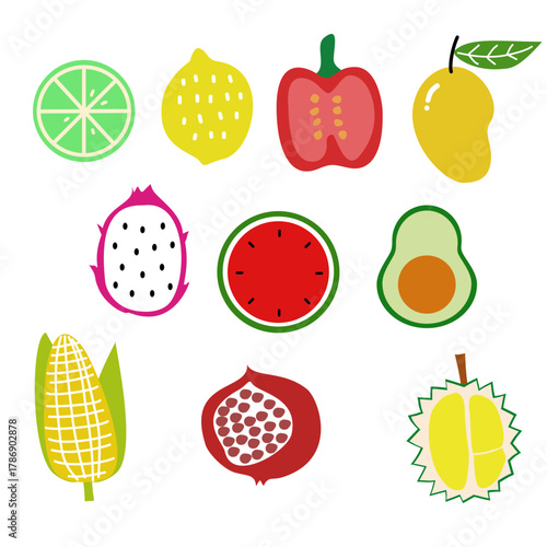 Illustration vector of fruits and vegetable lime lemon bell pepper mango corn 