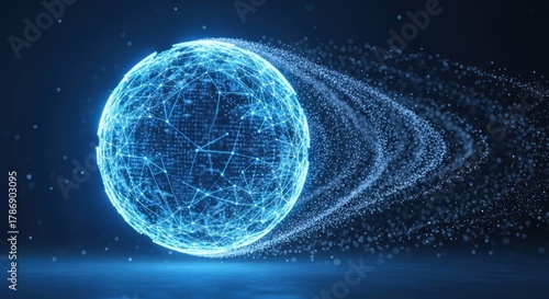 Abstract Blue Sphere with Particle Trails Representing Digital Data and Global Connectivity.