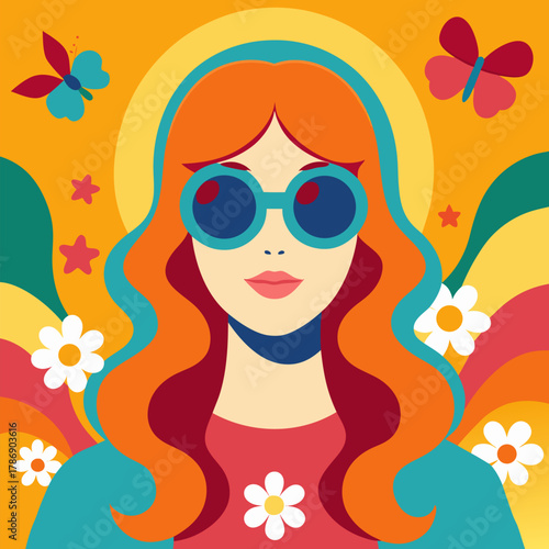 A woman with colorful wavy hair sunglasses and flowers, with a butterfly vector on colorful background.
