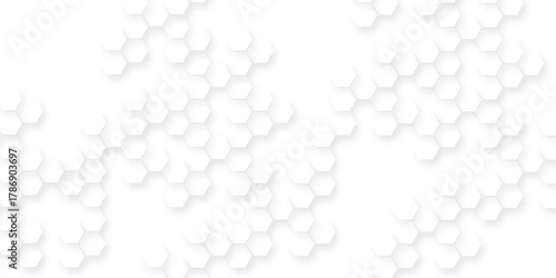 White surface with hexagonal shapes showing on the right side,  geometric hexagonal honeycomb shape texture, geometric polygon science biology background.