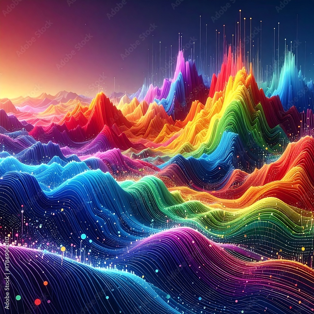 Naklejka premium A vibrant rainbow landscape, flowing lines, and glowing peaks