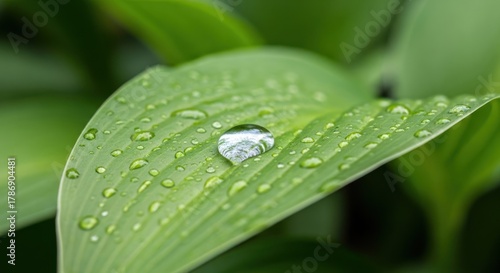Close-up of a single water droplet on a vibrant green leaf after rain.