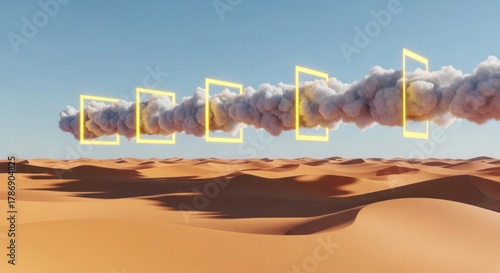 Desert landscape with abstract cloud formation and glowing frames.