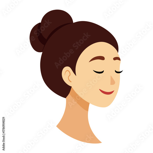 Woman face in profile with her hair in a bun smiling gently with closed eyes vector on white background.