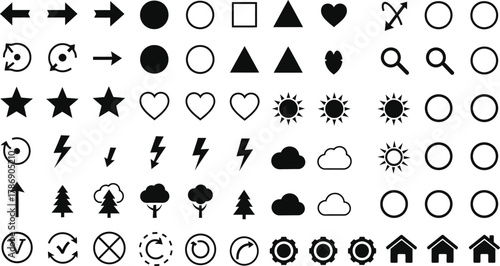 Collection of various black and white icons including arrows shapes nature and technology symbols