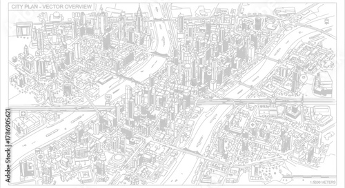 Isometric city plan vector overview featuring buildings bridges and roads in black and white style