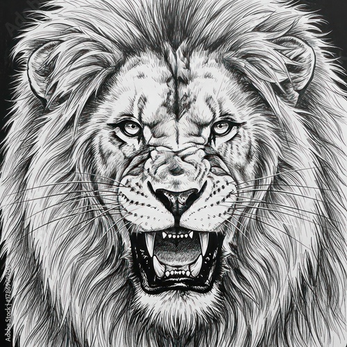 Fierce Lion Roaring Close Up Black and White Illustration.