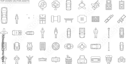 Top down vector assets featuring cars people trees furniture and street objects in a line art style
