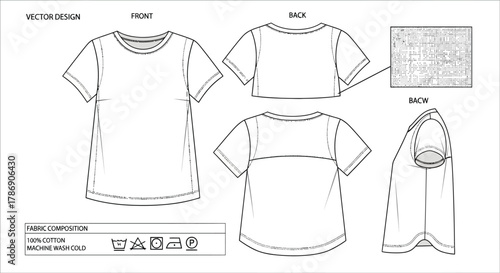 Technical drawing of a short sleeved t shirt with front back and side views in vector design format