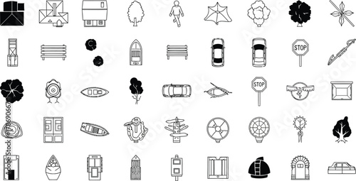 Illustration of various objects including buildings vehicles and nature elements in black and white