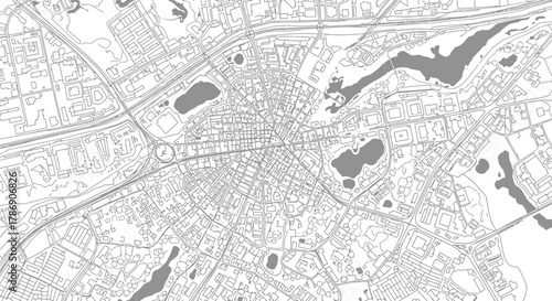 Detailed architectural city map with radial street layout and several bodies of water shown in gray