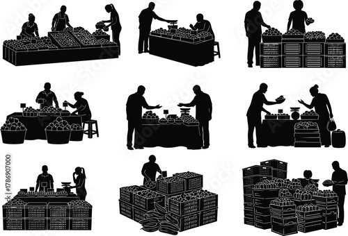 Silhouette illustration of people buying and selling vegetables at local market stalls, showcasing traditional commerce, interaction, and fresh produce exchange.
