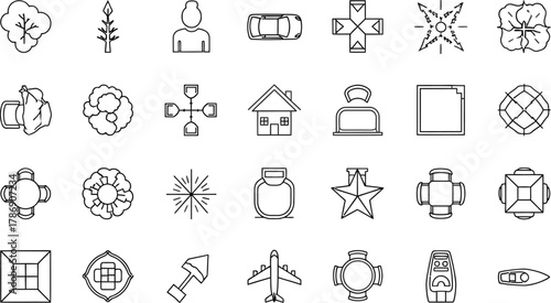 A collection of various outline icons including plants vehicles and household items on a white background