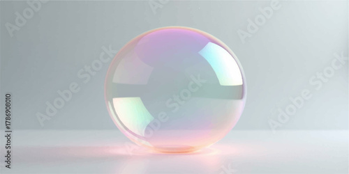 A colorful, transparent glass sphere reflects rainbow light on a pink and red background, like a soap bubble or crystal globe