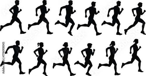 Running Silhouette Set of Male and Female Athletes in Motion Poses for Sports, Fitness, Animation, and Biomechanics Design