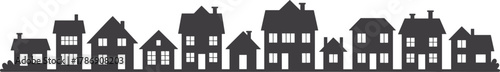 Silhouette row of diverse residential houses with chimneys, rooftops, windows, urban architecture design for real estate and city planning.