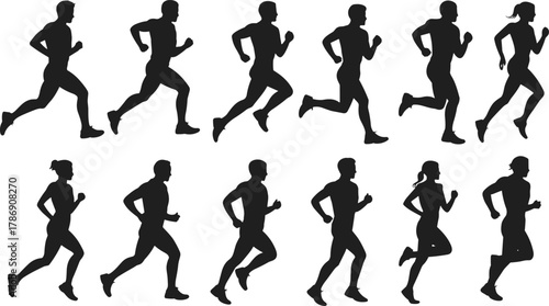 Running silhouette set of male and female athletes in motion, dynamic stride poses for sports, fitness, animation, and design use