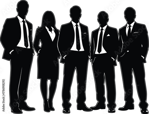 Silhouette of business team group standing together in formal suits, professional vector illustration representing teamwork, leadership, unity, and success concept