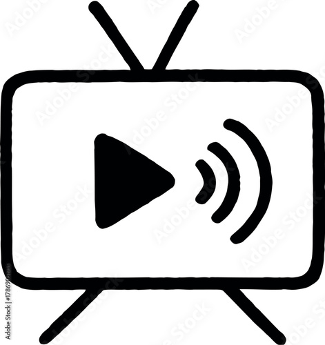 Hand drawn icon of a television screen with a play button and sound waves
