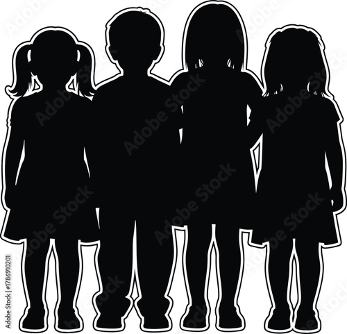 Silhouette of group of children standing together in line, isolated vector illustration showing unity, friendship, teamwork, diversity, and childhood concept