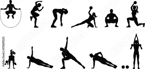 Silhouette of men and women performing different fitness exercises, workout training poses, strength and flexibility vector illustration for gym concept design.