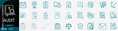 Business financial audit report compliance document line icon set