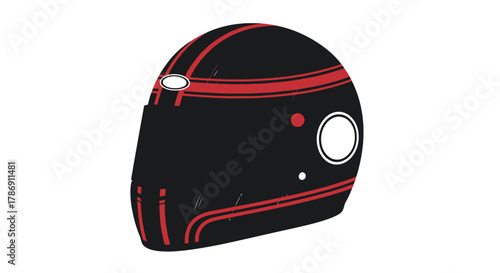 Vector illustration of a black retro motorcycle helmet with red racing stripes, isolated on a white background