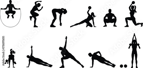 Silhouette of men and women performing diverse fitness exercises, strength training, stretching, and body workout poses vector illustration for gym design.
