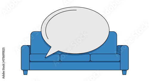 Vector icon of a blue couch with a dialogue bubble, symbolizing conversation, therapy, and open communication