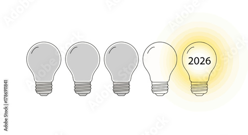 Conceptual representation of future innovation a bright lightbulb illuminating the year 2026 among dim ideas, symbolizing new beginnings and progress