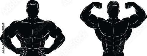 Silhouette of muscular bodybuilder flexing arms and showing strong physique, fitness athlete posing competition concept, cad drawing flat vector illustration