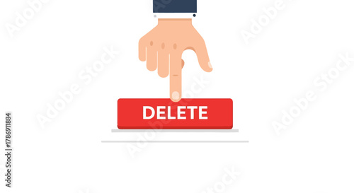 Deleting Data Hand Pushing Button with Text 'Delete' in Red - Illustration of Data Management and Removal Process