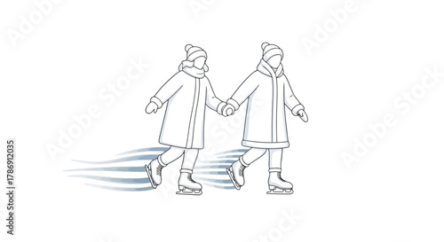 Winter fun Two cheerful friends ice skating hand-in-hand, enjoying a delightful day of outdoor activity and togetherness