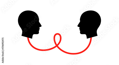 Symbolic icon of two human heads connected by a red line, representing communication, dialogue, and empathy