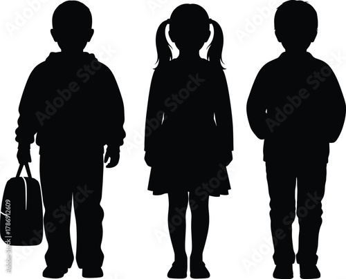 Silhouette of three school children standing together with backpack, isolated vector illustration symbolizing education, learning, friendship, childhood, and teamwork