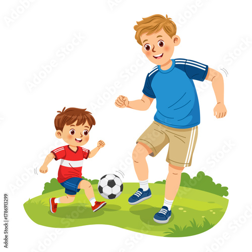 Father and kid are playing football together on grassy field