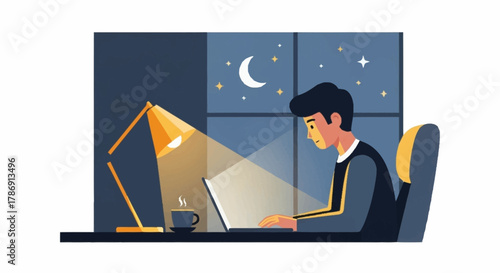 Man Working Late at Night on Laptop Illustration