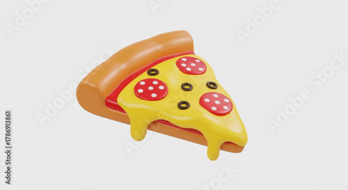 Appetizing 3D rendered slice of classic pepperoni pizza with gooey melted cheese and black olives, a delicious and vibrant icon for food-themed designs and digital content
