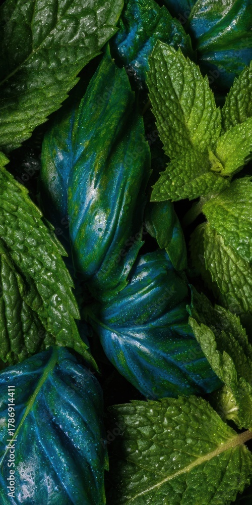 Fototapeta premium Authentic Dew-Kissed Basil and Mint Leaves Premium Eco-Wellness Content for Natural Health Lifestyle Marketing