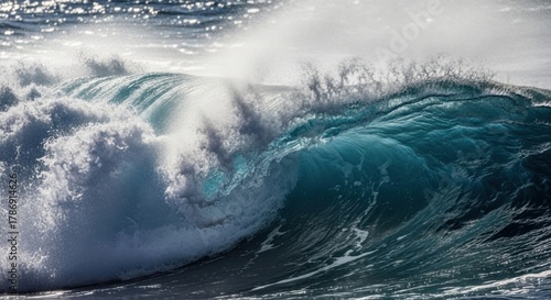 Fototapeta Naklejka Na Ścianę i Meble -  Powerful ocean wave crashing with white foam and turquoise water