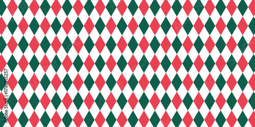 Christmas rhombus seamless pattern. Red and green xmas plaid texture with gold line. Argyle geometric diamond pattern. Christmas abstract wrapping bg. Vector illustration isolated on white ..eps10