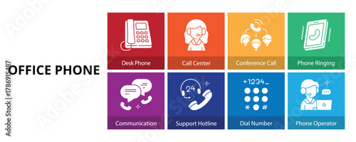 Office Phone Glyph Solid Banner Web Icon Set Vector Illustration