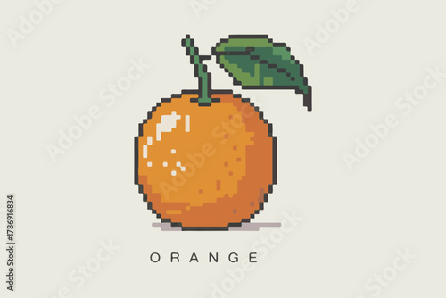 Pixel art orange fruit with a green leaf and stem, retro 8-bit digital graphic