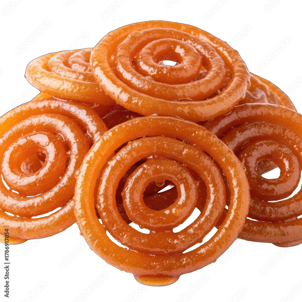 Fototapeta premium Golden Brown Jalebi Sweet Spiral Pastry Stacked on a Transparent Background