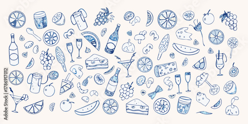 Whimsical hand drawn food and drink elements collection featuring fruits cheese and cocktails