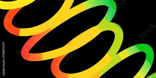 Vibrant gradient ribbon in red yellow and green curves gracefully against a stark black background creating abstract motion