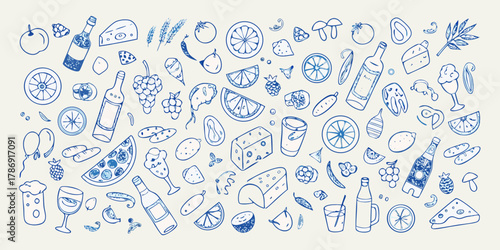 Whimsical hand drawn food and drink collection with fruits cheese and beverages