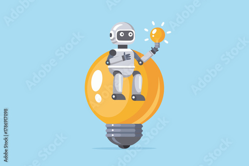 Friendly robot sitting on a giant light bulb holding a glowing light bulb representing a new idea